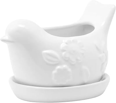Napco Floral Bird 6.25 x 4 x 2.5 inches White Ceramic Flower Succulent Plant Pot Planter Container Holder with Saucer Tray, Indoor Outdoor Garden Decor