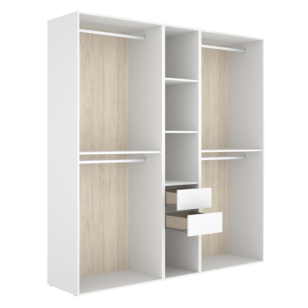 PEGANE Grand Dressing Ouvert avec Fond réversible – 4 penderies, 2 tiroirs – Blanc/Naturel - Hauteur 204,5 x Longueur 199,5 x Profondeur 45