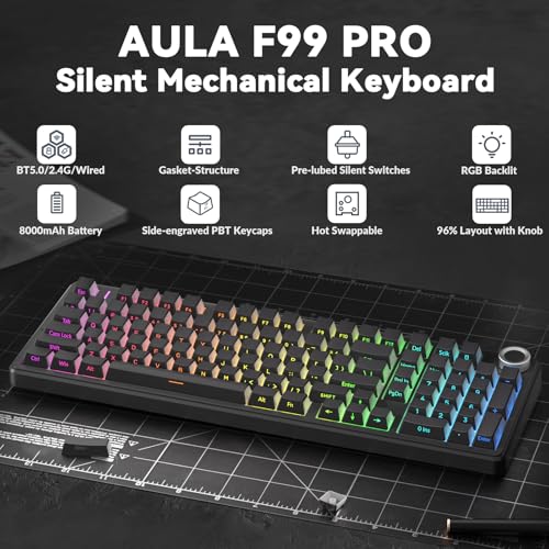 AULA F99 Pro Wireless Mechanical Keyboard-Silent Version,BT5.0/2.4GHz/USB-C Hot Swappable Custom Keyboard,Gasket Structu - Additional View