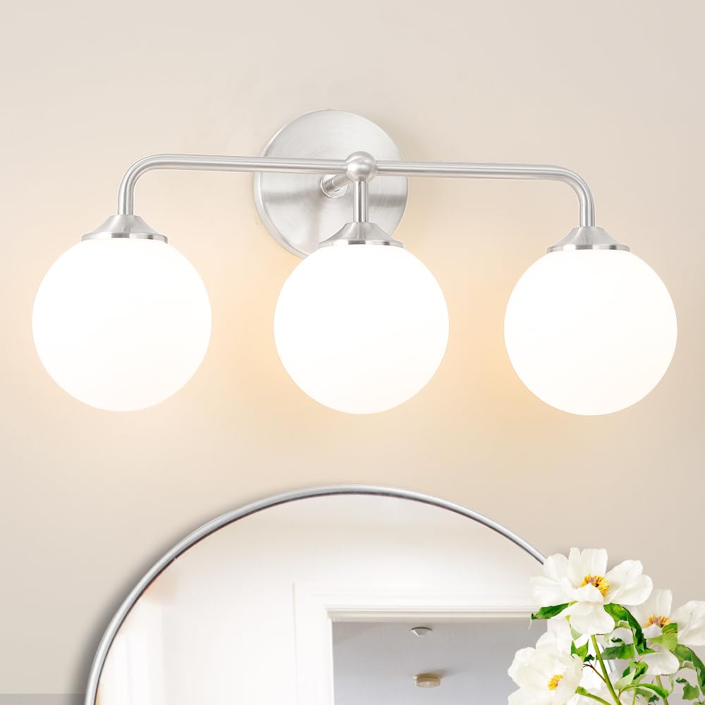 Photo 1 of Elagant Modern Brushed Nickel Bathroom Vanity Lights, 3-Lights Bathroom Light Fixtures with Milky White Globe Glass Shade, Bathroom Wall Sconces Light over Mirror Dressing Table Bedroom Living Room