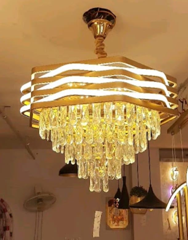 Image of Modern Crystal 600mm Golden Finish Square Chandelier | Decorative Hanging Light for Living Room Ceiling Light Decorative for Drawing Room (Including LED)