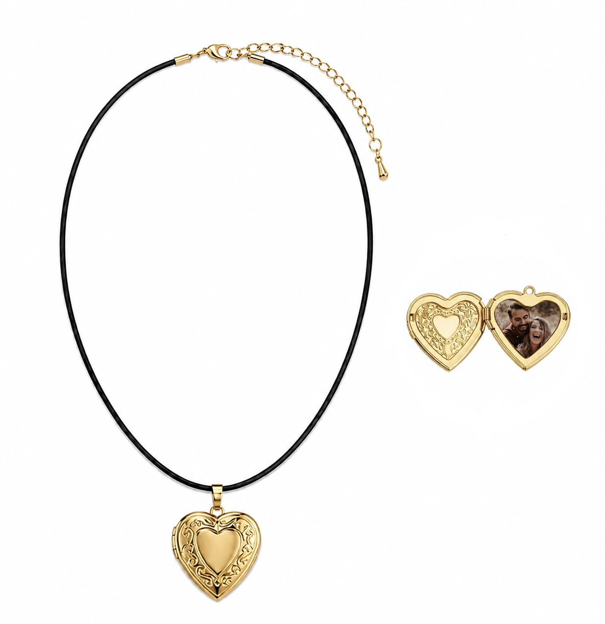 vintage heart photo memory locket necklace with leather cord | anti tarnish neck wear for teens and women | openable memory locket pendant | heart charm necklace | valentines day birthday gift for women | y2k pinterest jewelry (gold)