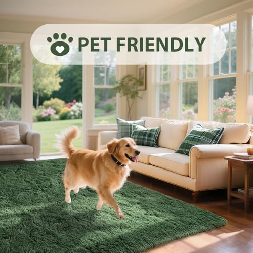 9x12 Area Rugs for Living Room Green Fluffy Shag Rug,Plush Bedroom Grass Carpet for Kids Teens Indoor Classroom Home Decor Aesthetic