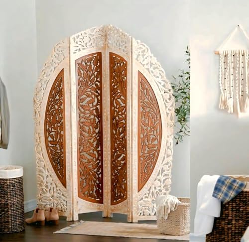 Image of Wooden Room Divider 6 Feet, 4-Panel Folding Wooden Partition for Living Room, Office, Pooja Room, Restaurant, Kitchen & Balcony (2W x 1.82H Meters). (White-Reddish Brown)