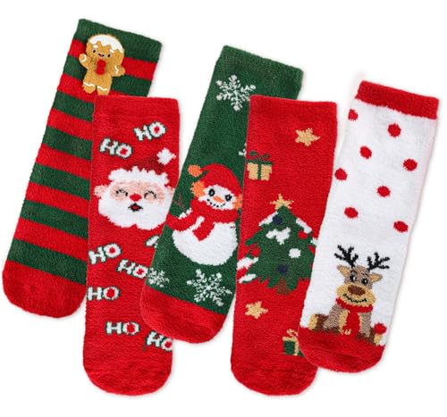 Labeol 5 Pairs Christmas Fuzzy Socks for Women Gifts,Funny Cute Cozy Fluffy Thermal Winter Warm Fuzzy Socks