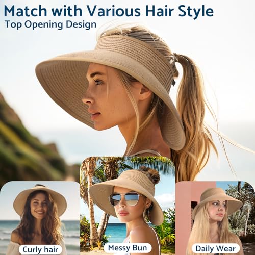 NPJY Sun Hats for Women Wide Brim Roll-Up Beach Ponytail Hat Packable Foldable Travel Straw Visor4