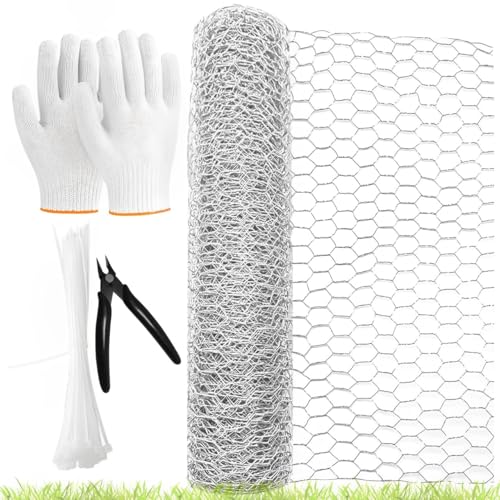 Xpieoyrm Grillage de Poule 0.4mx5m, Grillage à lapins, Grillage Voliere Hexagonal rouleau de grillage, grillage galvanisé avec Pince Coupante attaches de câble et Gants, pour Élevage Volaille