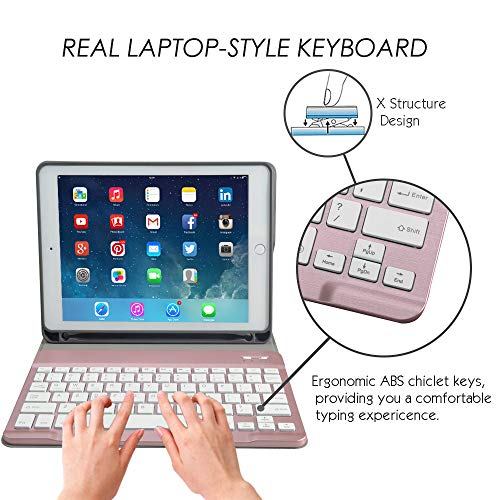 Eoso 7 Color Backlit Keyboard case for New 2018 2017 iPad Pro 9.7 iPad Air 1, 2 with Detachable Quiet Slim Leather Folio Cover Built-in Pencil Holder (for iPad 9.7", Rose Gold) - Thumbnail 5