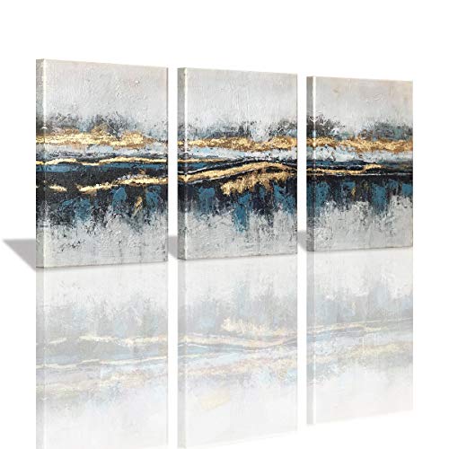 Yatehui Blue and Gold Abstract Canvas Wall Art 3 Pieces Modern Giclee Prints Wall Decor Paintings with Gold Foil Ready to Hang 12x16 Inch