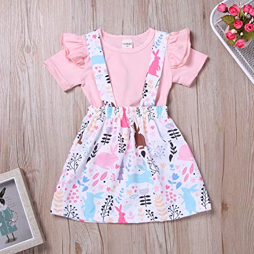 Conjunto de roupas para bebês meninas com babados rosa e manga curta + conjunto de roupas com tiras