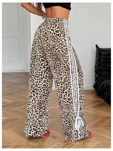 MakeMeChic Women's Plus Size Leopard Print Bow Pants Wide Leg Baggy Y2k Trousers2