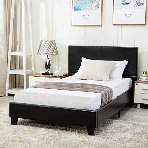 mecor Twin Size Bed Frame - Black Faux Leather Upholstered Platform Bed with Headboard - No Box Spring Needed - Black / Twin