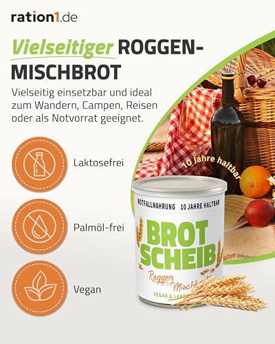 ration1 Dosenbrot Roggen-Mischbrot 1 x 350 g – vegan, laktosefrei & 10 Jahre haltbar – Brot in der Dose für Camping, Outdoor, Notfall & Langzeitnahrung