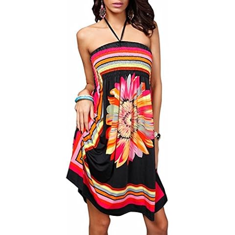Landove Sexy Women Boho Ethnic Floral Printed Strapless Sleeveless Bandeau Evening Beach Dress Short Casual Summer Mini Sundress Cover
