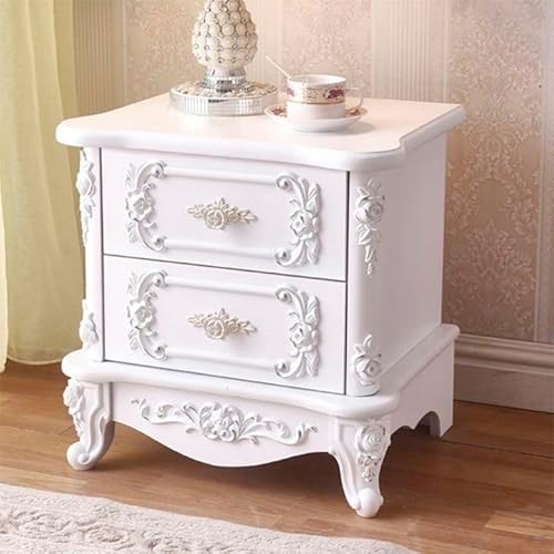 Chic French Country Nightstand with 2 Drawers, Rattan Nightstand, French Provincial Furniture Bedside Table, Bed Side Table with Carving for Bedroom, Living Room (White-Silver,48 * 40 * 8cm)