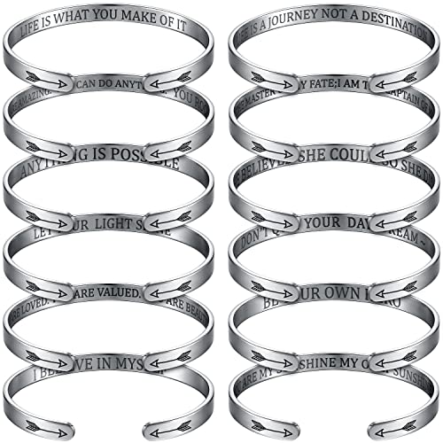 12 Pieces Inspirational Bracelets Stainless Steel Gift Cuff Bangle Jewelry For Teen Girls Engraved Positive Encouragement Gifts For Christmas Women Friendship Women's Cuff Bracelets #TOP29