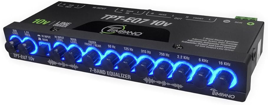 Timpano 7 band equalizer TPT-EQ7 10V High Voltage Line Driver 6 Channel RCA Output and Subwoofer Control and Crossover 1/2 Din Graphic Car Audio Eq with High Level Input