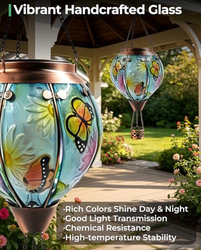 OUISJYER Butterfly Hot Air Balloon Solar Lantern 18" H Hanging Garden Light | Glass & Metal, Flickering Flame, Solar Powered, Auto On/Off, Waterproof, Porch & Patio Outdoor Decor — view 4
