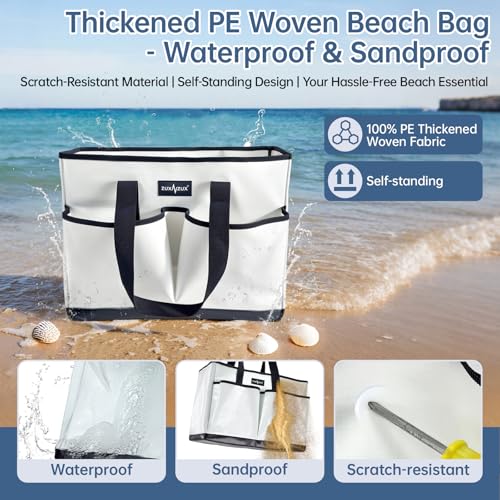ZUXNZUX Beach Bag Waterproof Sandproof Utility Tote Lightweight Stand-up Structure With Zipper Closure4