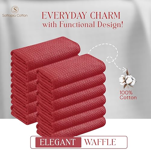Image of Red Waffle Kitchen Towels, 100% Cotton, Quick Dry, Super Absorbent, Soft, Lint-Free, 16x26 Inches, with Hanging Loop - Ideal for Dish Drying, Bar, Tea, Cleaning & Everyday Use, 4 Pack