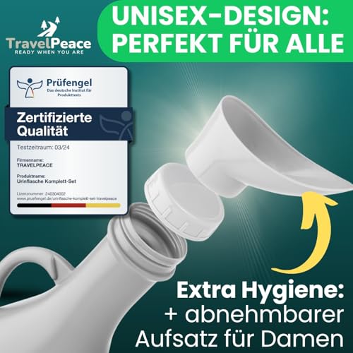 TRAVELPEACE® - Urinflasche - 3in1 Komplett Set - mit Komfort Hygienebürste - inkl. Blickschutz-Beutel - Urinal Frauen und Männer