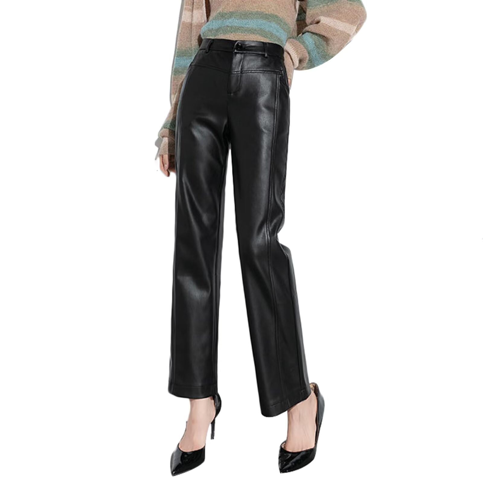 HNVAVQ Pantalón Mujer Cuero Cintura Alta Pantalón Pierna Recta Elegante Oficina