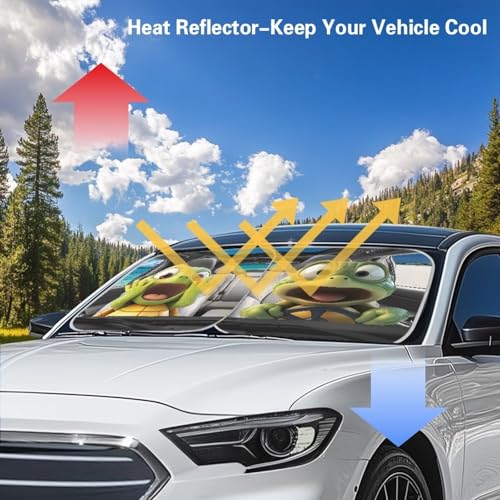 Image of Car Front Windshield Sun Shade 2-Piece Weird Turtle Foldable Car Windshield Sun Shade UV Rays and Keeps Vehicle Cool Easy to Install for Most Sedan Truck SUV