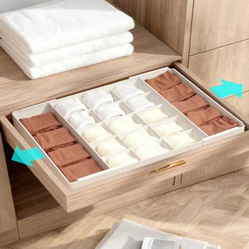 yazi 下着収納ボックス 伸縮収納ケース 引き出し仕切り クローゼット 衣装収納ケース プラスチック 大容量衣類 靴下収納 型崩れ防止 洗える ブラ・下着・靴下・小物収納 ホワイト (15マス+2面伸縮)
