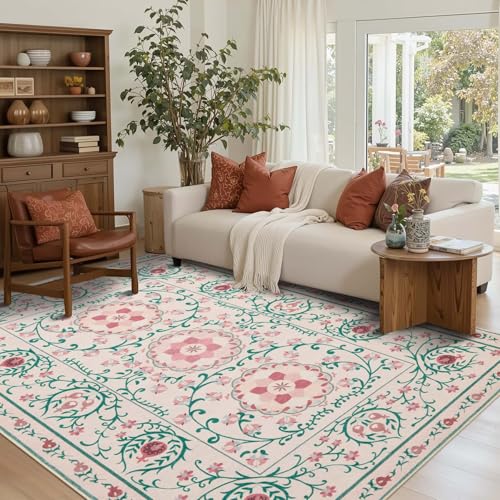 Pink Rug for Living Room Bedroom, Floral 5x7 Washable Rugs, Vintage Boho Style, Large Non Slip Flower Carpet for Indoor Dining Room, Girls Room and Nursery(Pink/Green 5x7ft)