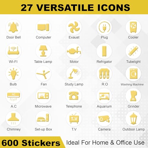Image of GLUN Vinyl 600 Decorative Switch Board Button Self Adhesive Stickers for Wall,Plastic Surface,Metal,27 Icons for Fan,Light,Fridge,AC - 3-in-1 Gold,Golden Glow for Switch Board Decoration,30 x 23 cm