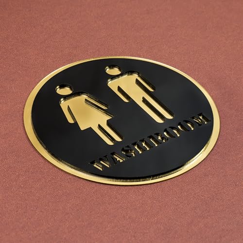 Image of Washroom Round Acrylic Signage Sticker - Self-Adhesive Toilet Sign for Office, Storefront, Cafe, Hotel, Restaurant, Business & Shop - Premium Black Gold Label for Smooth Surfaces