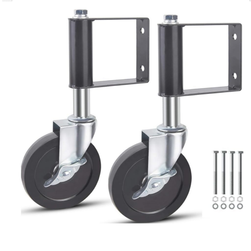 Heavy Duty Gate Caster, Spring Loaded Gate Wheel, Swivel Caster Wheels for Wooden Gate and Fence 250LBS Load Capacity 4 Inches Rubber Wheel (Black, 2)