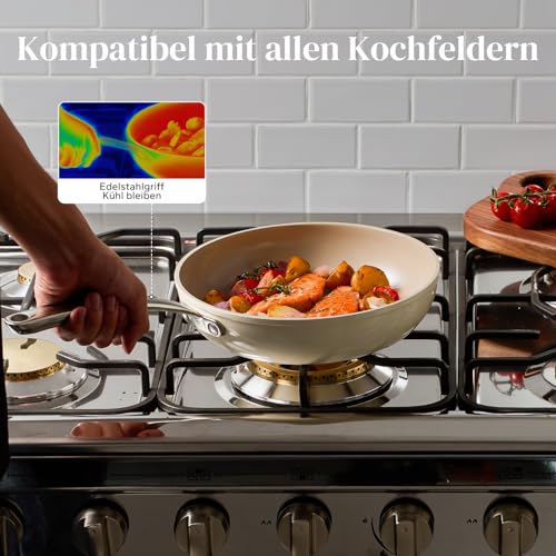 Redchef Keramik Pfannenset 20/24/28 cm, Antihaft Keramikpfanne mit Keramikbeschichtung, PTFE PFAS PFOA-frei, Induktionsgeeignet für alle Herdarten, Ofenfest Spülmaschinengeeignet (Beige) 5