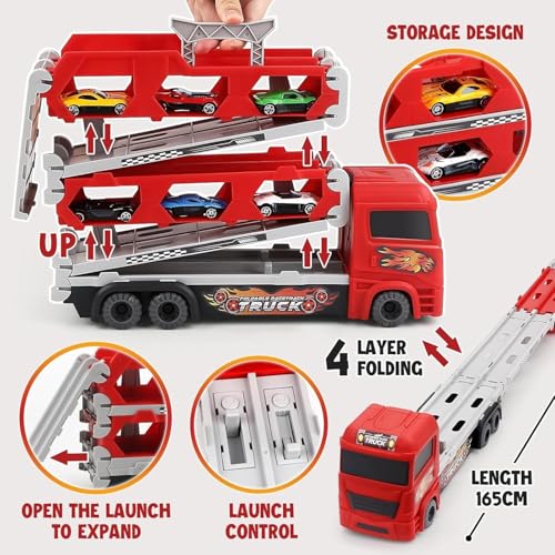Image of Brand Conquer Big Hauler Storage & Transform Transport Truck Toy for Kids |3-in-1 Carrier Truck with 2 Foldable Ejection Race Tracks & 4 Die-Cast Cars |61 Inch Dual Racing Track | Educational (Red)