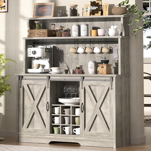 Farmhouse-Coffee-Bar-Cabinet-with-3-Tier-Storage-Hutch-47-Coffee-Bar-Station-with-Sliding-Barn-Door-Hutch-Storage-Cabinet-with-9-Wine-Racks-9-Hooks-for-Kitchen-Dining-Living-Room Farmhouse Coffee Bar Cabinet with 3 Tier Storage Hutch 47 Coffee Bar Station with Sliding Barn Door Hutch Storage Cabinet with 9 Wine Racks 9 Hooks for Kitchen Dining Living Room