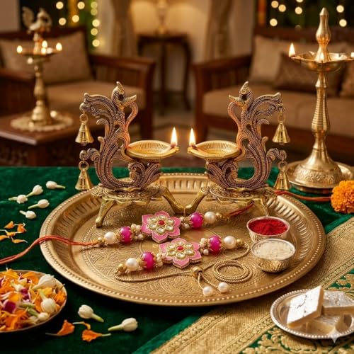Image of Saudeep India Oxidized Metal Diya for Puja | Diwali Oil Lamp Peacock Design Perfect Gift | Antique Akhand Deepak Home Decor 14x9x20cm (Pack of 2 Diya with Couple Rakhi)