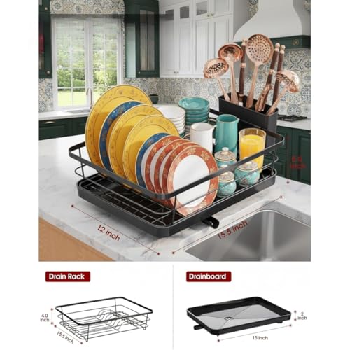 Image of ZROY Modern Black Dish Drying Rack with Draining Spout | Heavy-Duty Kitchen Countertop Dish Drainer with Utensil Holder (Black Rack)