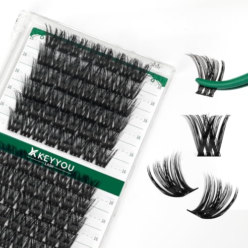 Image of KEYYOU Lash Clusters, 96 Pcs DIY Lash Extensions, D Curl 16mm, Black, Realistic, Non-Irritating, Easy DIY at Home