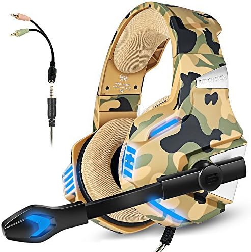 Gaming Headset with Mic for PS4 Xbox One Controller PC Switch Tablet Smartphone, Camouflage Stereo Over Ear Headphones Bass Surround Noise Canceling Microphone LED Light