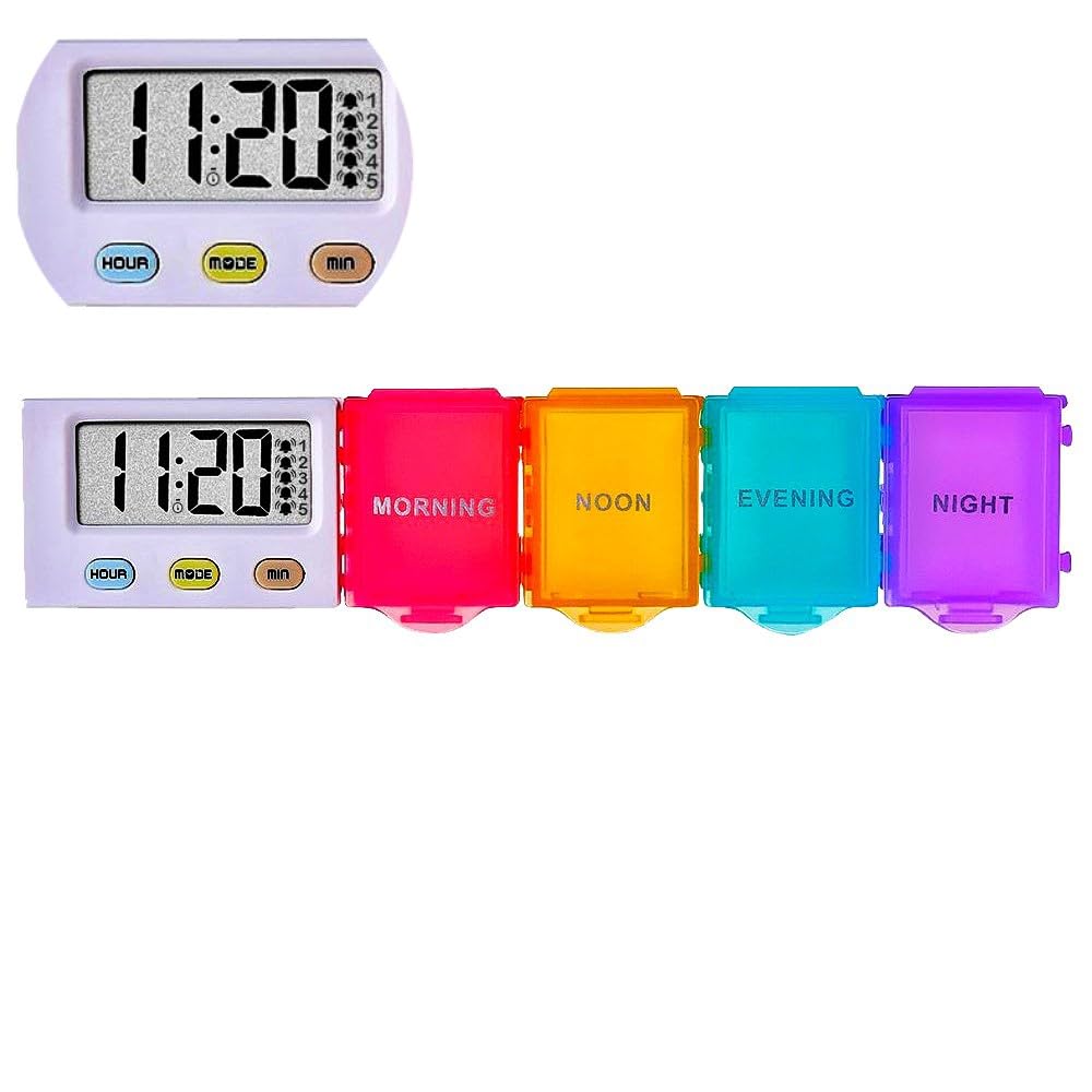 [4 in 1] 1 Day 4 Times Pill Organizer+5 Alarms+Timer+Clock, Large Compartments,Loud Sound,Large Screen,Moisture-Proof Design,Can Hold Vitamins,Fish Oil,Weekly Pill Box/Cases,Daily Medicine Dispenser