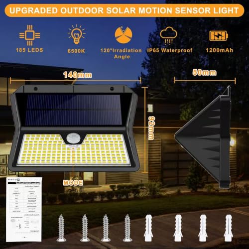 Miniatura 6 de Ouila Luz Solar Exterior, 185 Led 3 Modos Luces Solares Con Sensor Jardin De Movimiento, Foco Solar Exterior Ip65 Impermeable Para Jardín, Garaje, Calle, Patio, Puertas 2-Paquete Blanco Frío