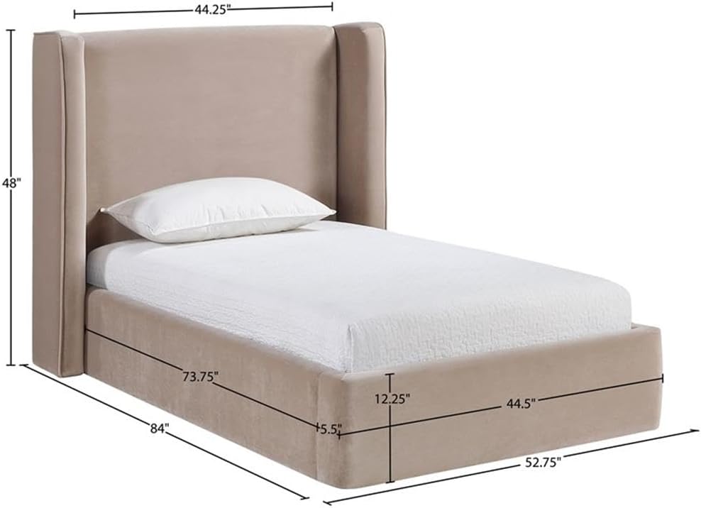 BOWERY HILL Contemporary Twin Fully Slatted Bed, Taupe Velvet Upholstered, 460 GSM Ultra Luxe Velvet, 52.75" W x 84" D x 48" H, No Boxspring Needed, Elegant Design for Bedroom