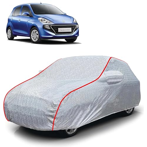 Image of Sulfar 100% Waterproof Car Body Cover Compatible with Mirror for Hyundai Santro (Triple Stitched, Full Bottom Elastic, Magic Silver with Red Piping)