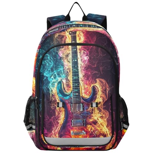 Guitar Fire Blue Backpack Travel Laptop Daypack Shoulder Bag Book Bag Daypack with Reflective Strip 12.9 ×17.7 In