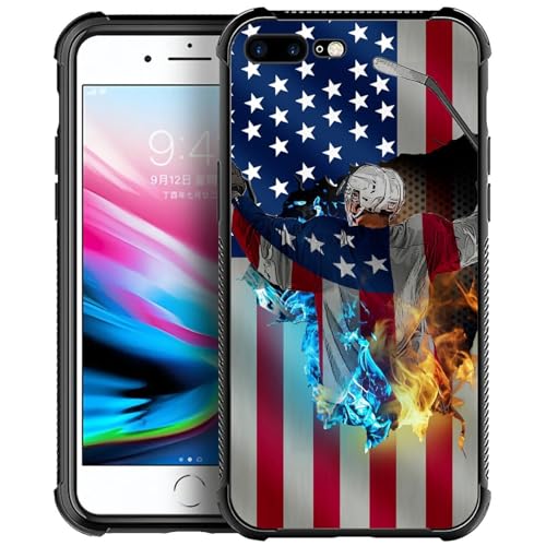 DJSOK Compatible with iPhone 7/8Plus Case，Design Pattern Back Bumper Anti Scratch Reinforced Corners Soft TPU Caver,Cases for Men Women-Ice and Fire Hockey America Flag