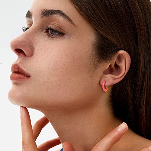 Milacolato Enamel Hoop Earrings 14K Gold Plated Sterling Silver Huggie Hoop Earrings Wide Enamel Color Options Small Mini Cartilage Earrings For Women Girls Canday Pink #TOP1