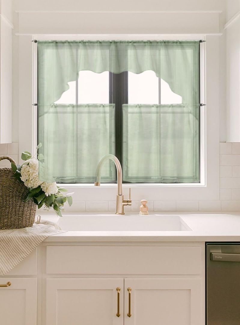 Kitchen Restaurant 3pc Set Voile Sheer Rod Pocket Curtain Tier Set and Swag K66 (Sage Green)