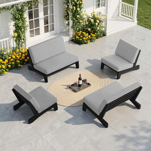 Image of Pia Ricoo 4 Piece Patio Furniture Sets, Outdoor Furniture with 2 Chairs & Coffee Table, Patio Conversation Set for Backyard, Deck, Lawn, Gray, Dark Wood