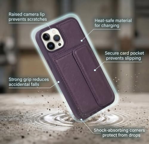 Image of amazon basics Luxury Vegan Leather Back Cover for iPhone 15 Pro | Built-in Card Holder Slot | Integrated Mobile Stand | Slim Shockproof Protective Case with Stitched Finish - Purple