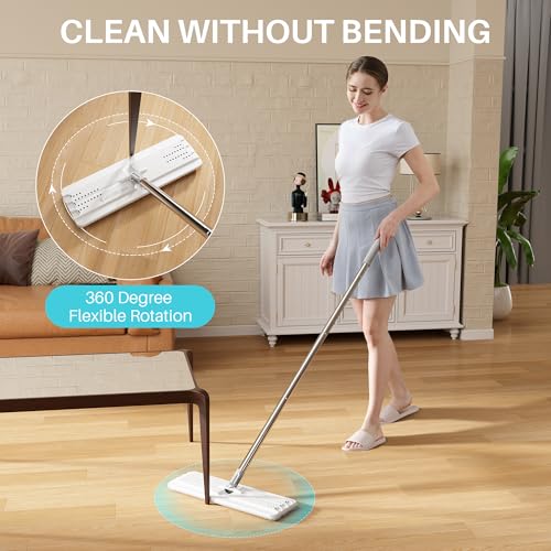 Image of JOYMOOP Flat Mop System, 8L Mop and Bucket Set with Extension Handle, White, Large Capacity Floor Cleaning Mop for Household & Commercial Use, Includes 5 Microfiber Pads for Wet & Dry Cleaning